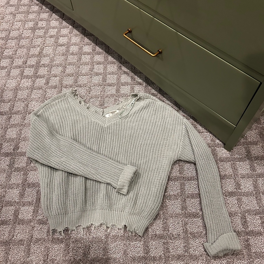 Women's Chic Sage Green V-Neck, Off the Shoulder Cropped Sweater